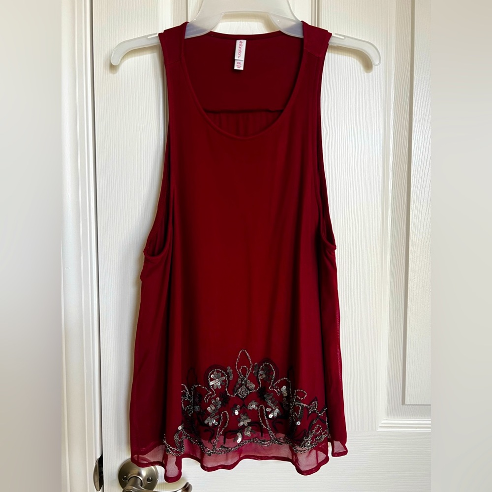 Xhilaration, Burgundy-Grey Embroidered, Beaded & Sequins Mesh Tank top. XXL.